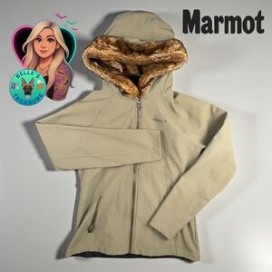 Marmot Women's Medium Furlong Jacket Softshell Faux‎ Fur Lined Hood Green Coat